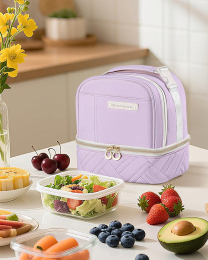 Double Deck Lunch Box Bag Women - Vegan Leather Insulated Waterproof Leakproof Cooler for Work Travel Picnics - Teacher Mothers Day Christmas Birthday Gifts