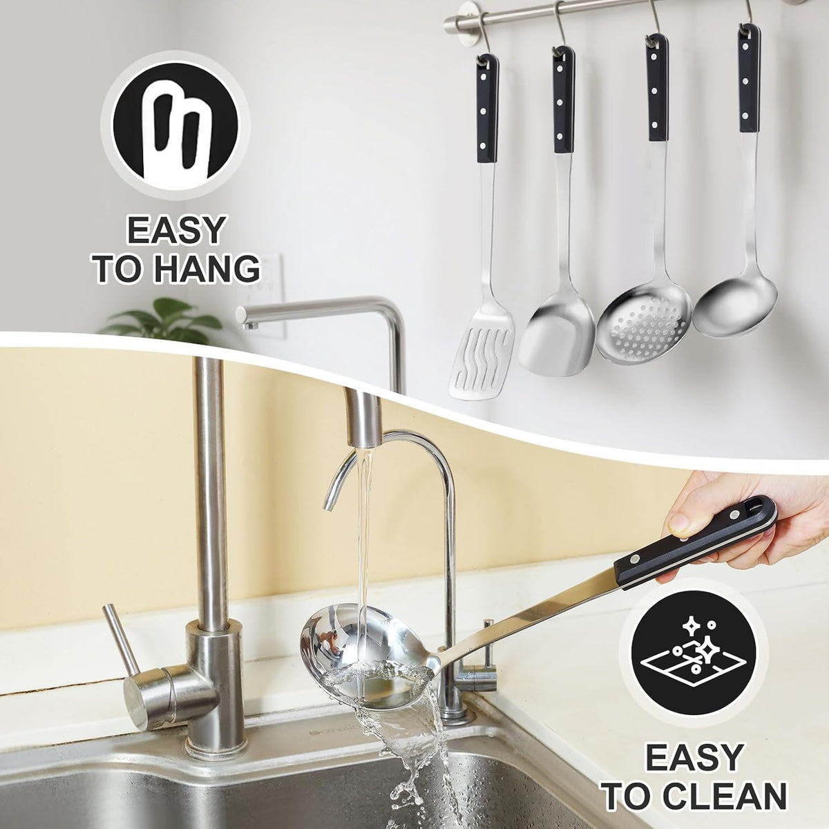 Pleafind 𝟑𝟑% 𝐎𝐅𝐅 Cooking Utensils Set - 4 Pcs Stainless Steel Kitchen Utensils Set with Solid Turner, Slotted Turner, Serving Ladle, Slotted Spoon, Wok Utensils Set with Heat Resistant Handle