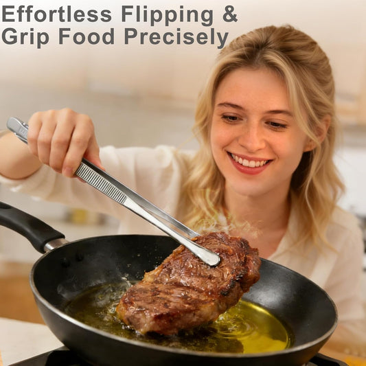 2 Pcs 12-Inch Stainless Steel Kitchen Tweezers, Dual-Tip Serrated Tongs with Hook - Heat-Resistant Non-Slip Cooking Tweezers for BBQ, Grilling, Plating & Serving
