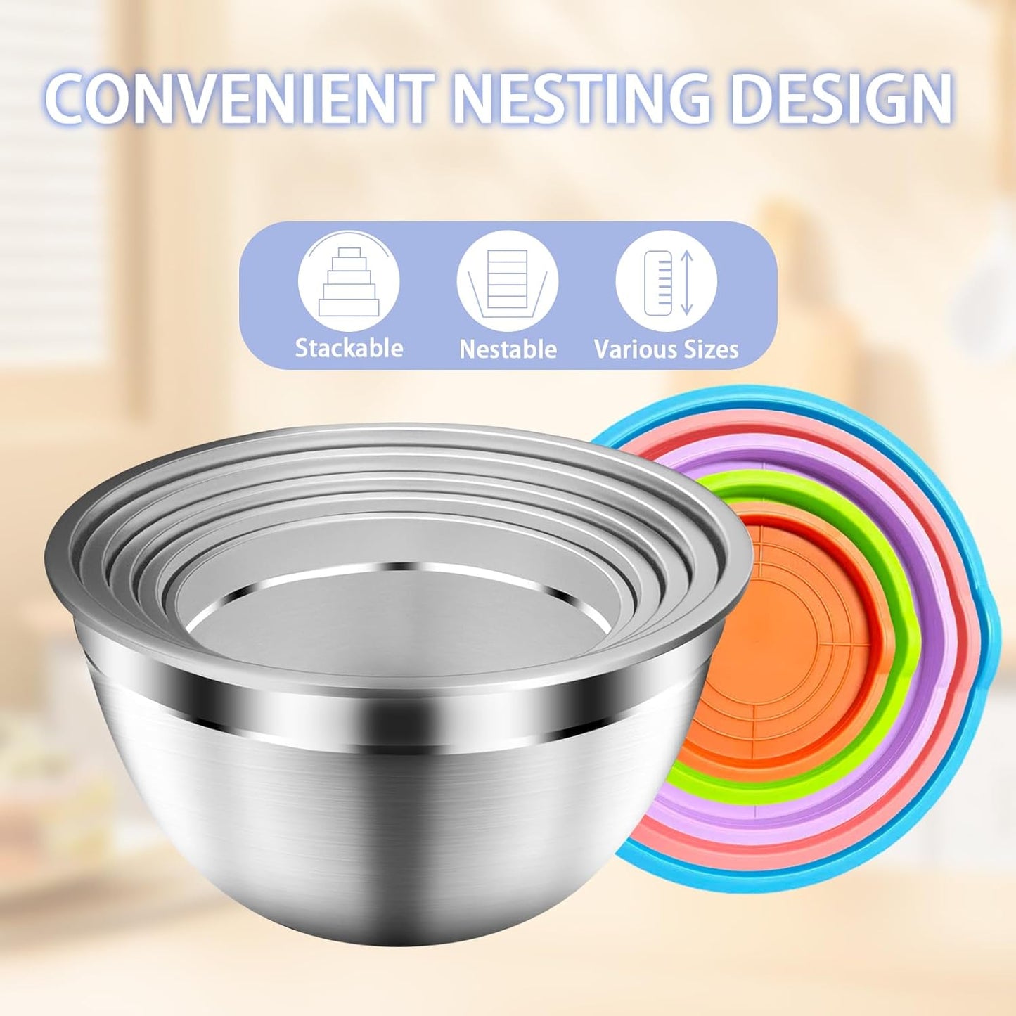 Mixing Bowls with Airtight Lids Set, 5 PCS Stainless Steel Khaki Nesting Bowls for Kitchen, Large Prep Metal Mixing Bowls for Kitchen, 5.5/4/3.5/2/1.5 QT for Mixing & Serving