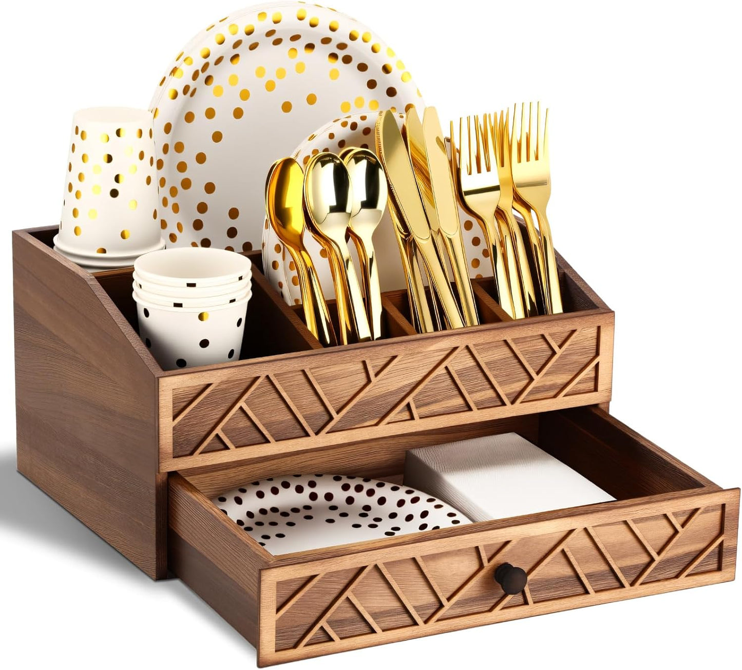 Marsui Paper Plate Dispenser, Wood Rustic Paper Plate Holder for Countertop with Drawer Silverware Utensil Caddy, Cutlery Flatware Organizer for Spoon Fork Napkins Kitchen Parties(Black)