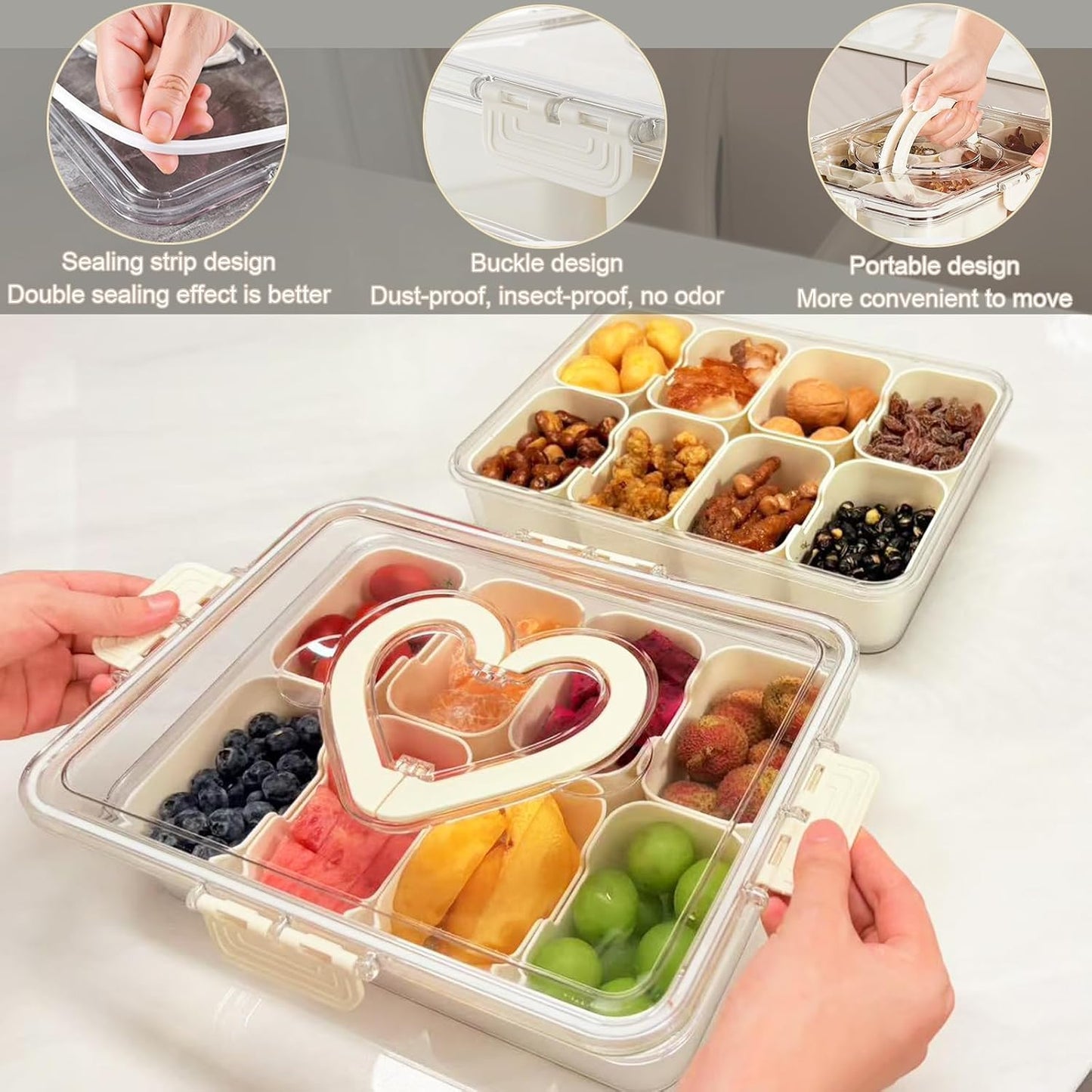 Snackle Box Container Portable - Large 8-Compartment Divided Serving Tray with Lid and Handle, Grab and Go Snack Containers Reusable for Travel and Outdoor Camping, Leak-Proof, BPA-Free