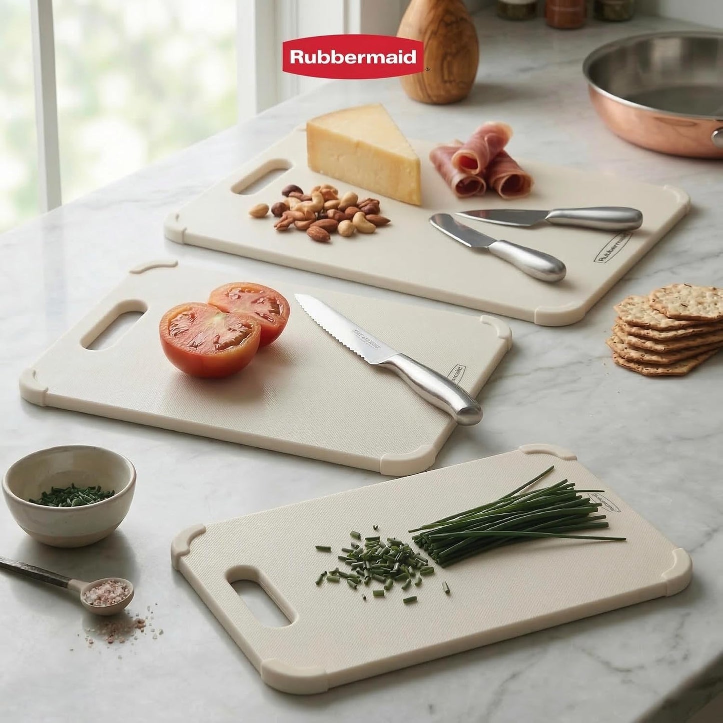 Rubbermaid 3pc Reversible Wheat Fiber Cutting Board Set | Cutting Boards for Kitchen – Dishwasher Safe, Non-Slip Corners, Lightweight & Easy To Store- Large Cutting Board for Meat, Veggies & Fruits
