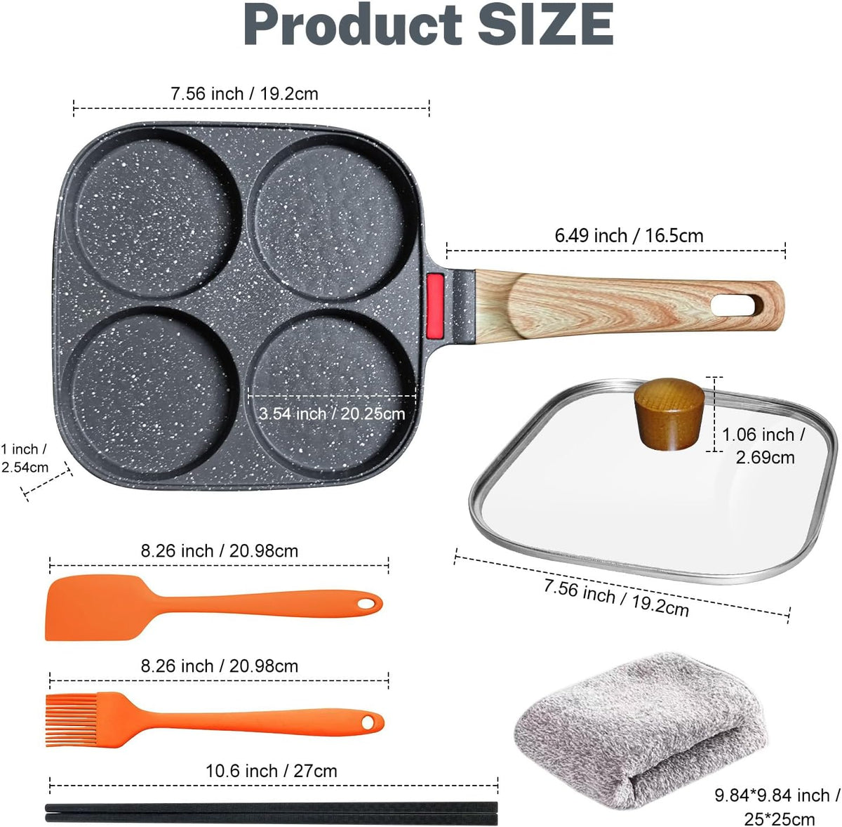 Ywmoml 4‑Cup Nonstick Egg Pan Set with Lid, Includes Silicone Scraper, Oil Brush, Chopsticks & Cleaning Cloth – Compatible with Gas & Induction Cooktops
