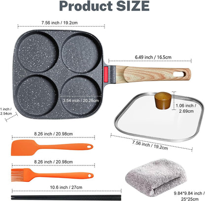 Ywmoml 4‑Cup Nonstick Egg Pan Set with Lid, Includes Silicone Scraper, Oil Brush, Chopsticks & Cleaning Cloth – Compatible with Gas & Induction Cooktops