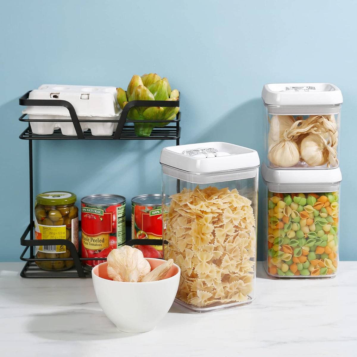 Felli Flip Tite Storage Container with Lid 4” RECTANGULAR Airtight Ring Flip Top, Stackable Kitchen Counter Pantry Organizer Acrylic Canister Jar for Pasta Spaghetti Cereal Granola Coffee (1.9qt)