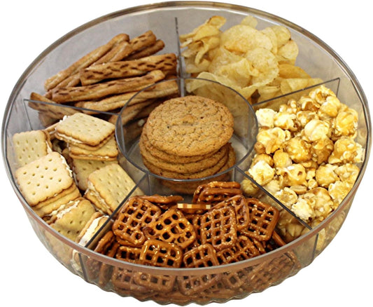 Clear Divided Snack Serving Tray with Lid – 6-Compartment Party Platter with Rose Gold Accent Lines for Candy, Fruit, Nuts, Chips, Appetizers & Desserts