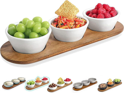 Artena 6oz Turquoise Solid Ceramic Chips and Dip Serving Platter with Acacia Wooden Tray, 4.5inch Glazing Small Serving Bowls/Dipping Dishes for Condiments,Side Dishes, Dipping, Pre, Dessert, Salsa