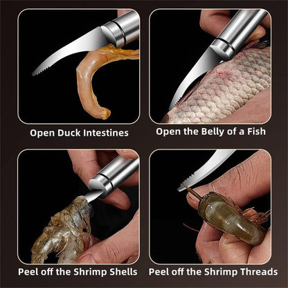 Shrimp Deveining Tool, 2025 New 5 in 1 Multifunctional Shrimp Line Fish Maw Knife with Cleaning Cloth, 304 Stainless Steel Shrimp Peeler, Fish Scale Remover, Kitchen Fish and Shrimp