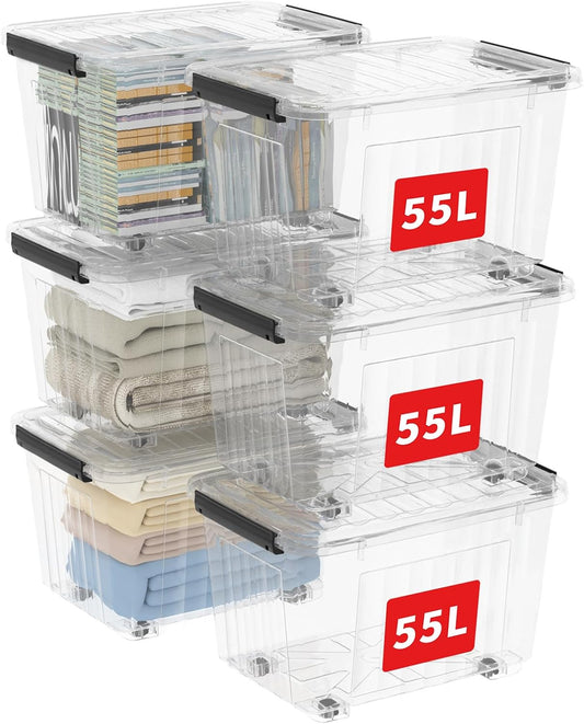 Cetomo 60Qt*6 Plastic Storage Bins, Storage Box, 6 Pack, Organizing Container with Wheels, Durable Lids and Secure Latching Buckles, Stackable and Nestable, Clear with Black Buckle