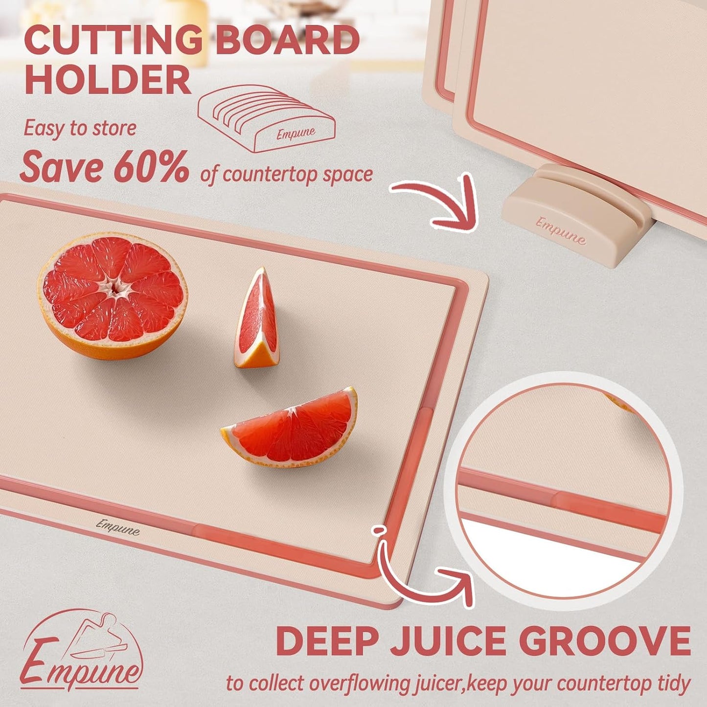 Empune Plastic Cutting Board Set, Recycled Plastic Cutting Boards for Kitchen (Set of 3), Dishwasher Safe Large Chopping Board with Holder, Non-slip Feet and Juice Grooves, Nonporous, Grey