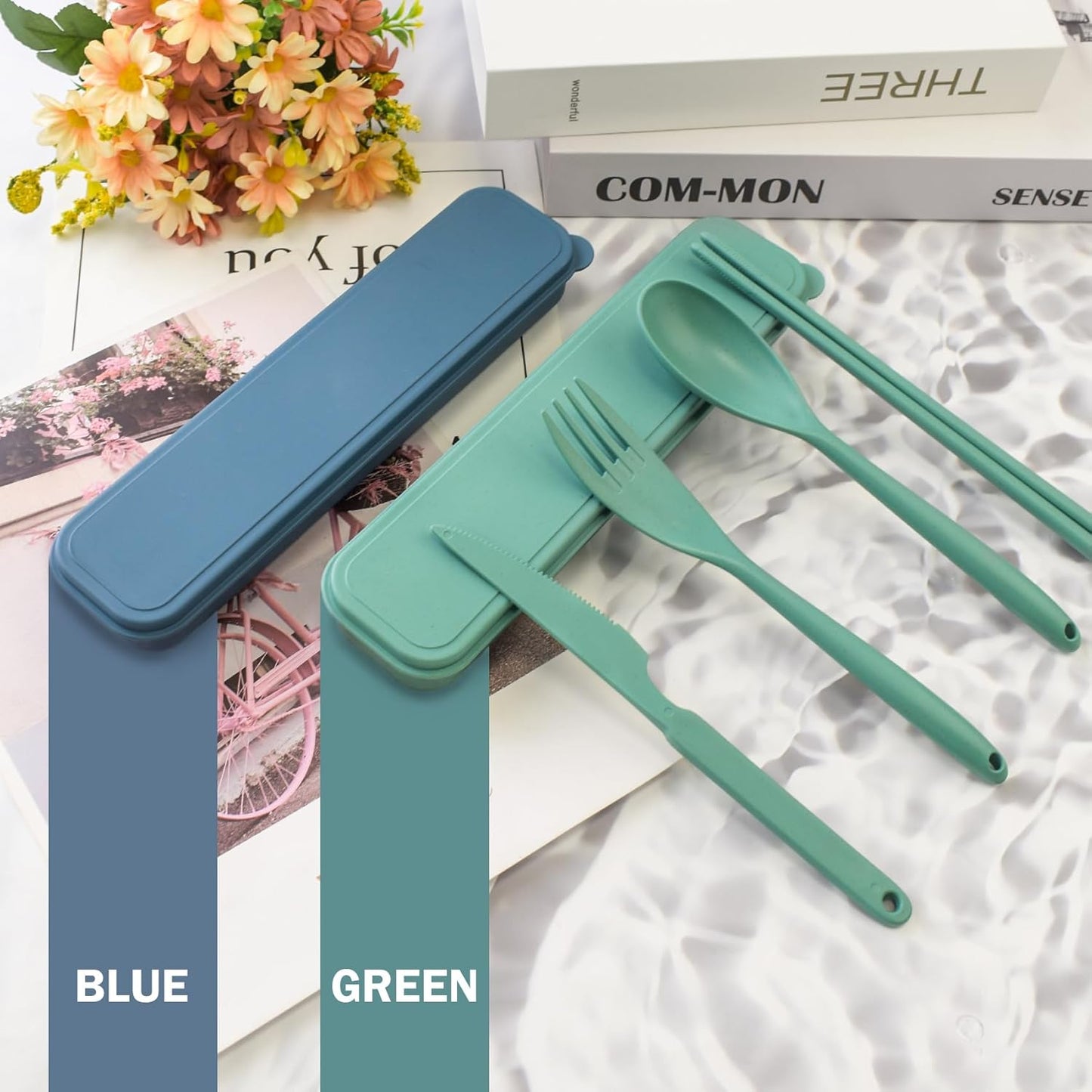 Large Plastic Reusable Utensils Set with Case, Travel Chopsticks Fork Spoon Knife Set for Lunch Box, Portable Cutlery Sets for Travel Camping Daily Use (2 Sets), Blue, Green