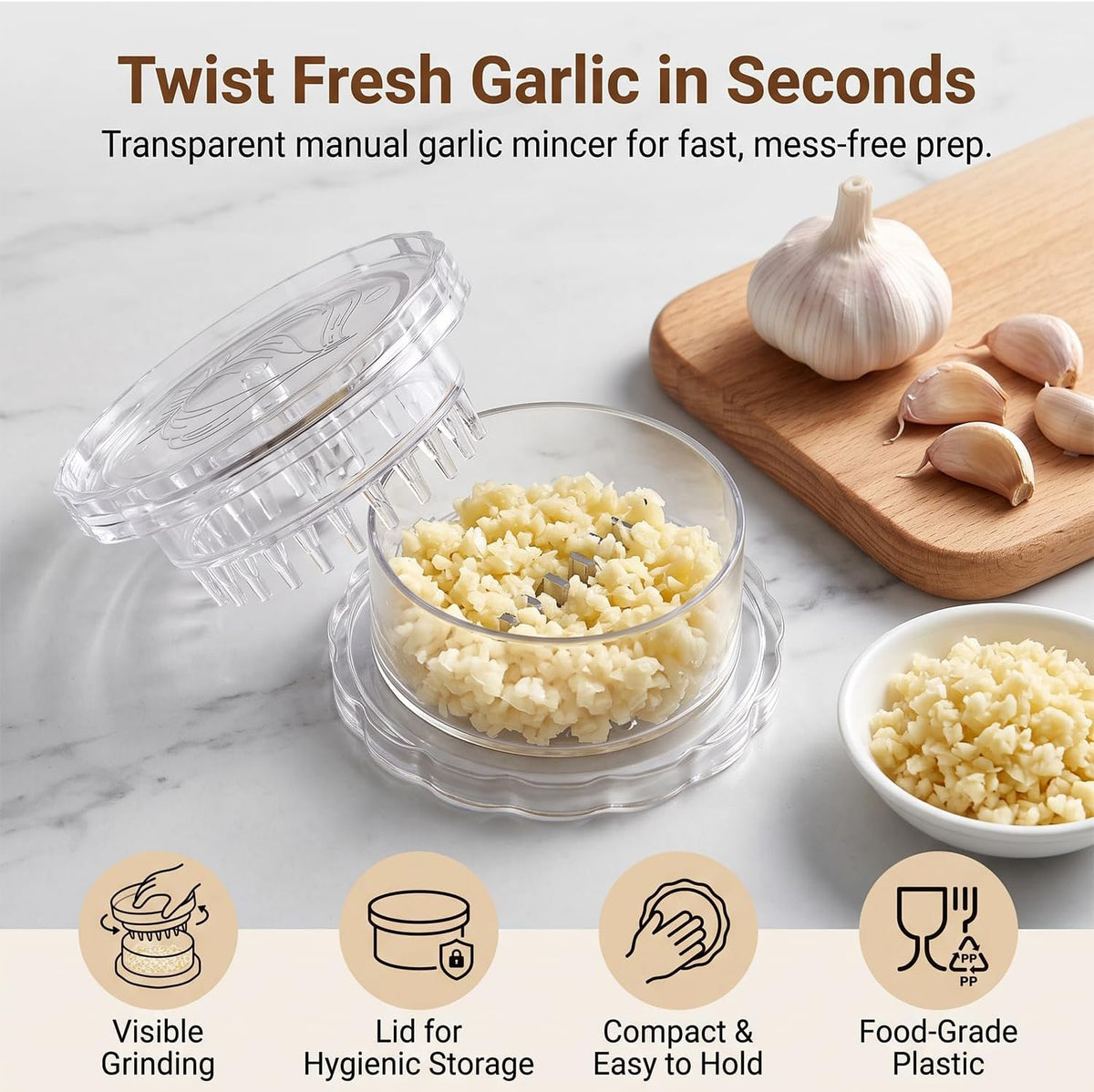 2 Pack Transparent Garlic Press, Manual Garlic Crusher and Mincer—Plastic Garlic Grinder and Chopper, rotary chopper suitable for garlic, chili peppers, compact and space-saving