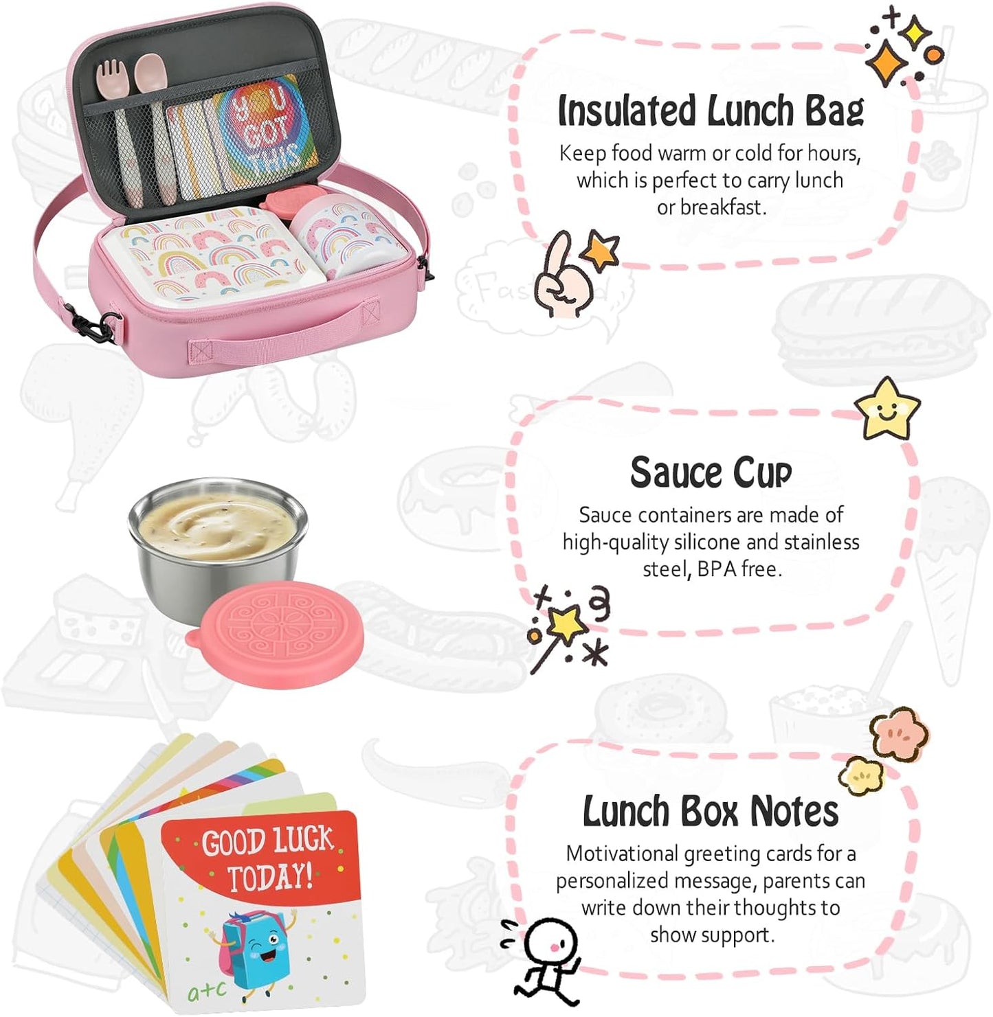 Itslife Bento Lunch Box Set for Kids with 12oz Soup Thermo&Lunch Bag, Leak-Proof Lunch Food Containers for Kids School, 5 Compartment, Sauce Cup, 10 Notes (Dinosaurs Black)