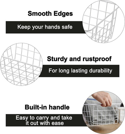 White Wire Storage Baskets,11.1"x8.7"x4.7"Wire Freezer Storage Organizer Bins Farmhouse Metal Freezer Basket with Handles for Cabinets, Pantry, Closets, Bedrooms,White,4 Pack