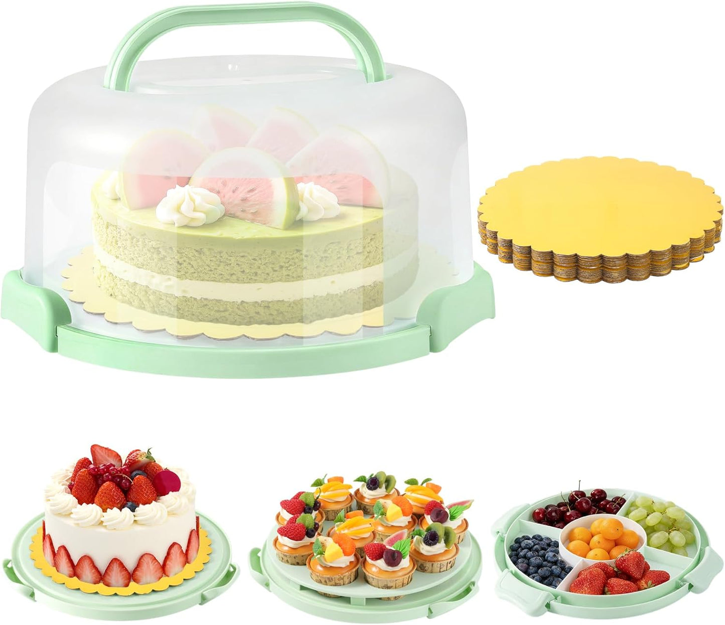 10 Inch Cake Carrier with Lid and Handle, Round Cake Container Cake Cover with 10 Inch Cake Boards & Cupcake Carrier, Portable Cake Holder with Lid for Transport Pie Nuts Fruit, Green