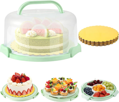 10 Inch Cake Carrier with Lid and Handle, Round Cake Container Cake Cover with 10 Inch Cake Boards & Cupcake Carrier, Portable Cake Holder with Lid for Transport Pie Nuts Fruit, Green
