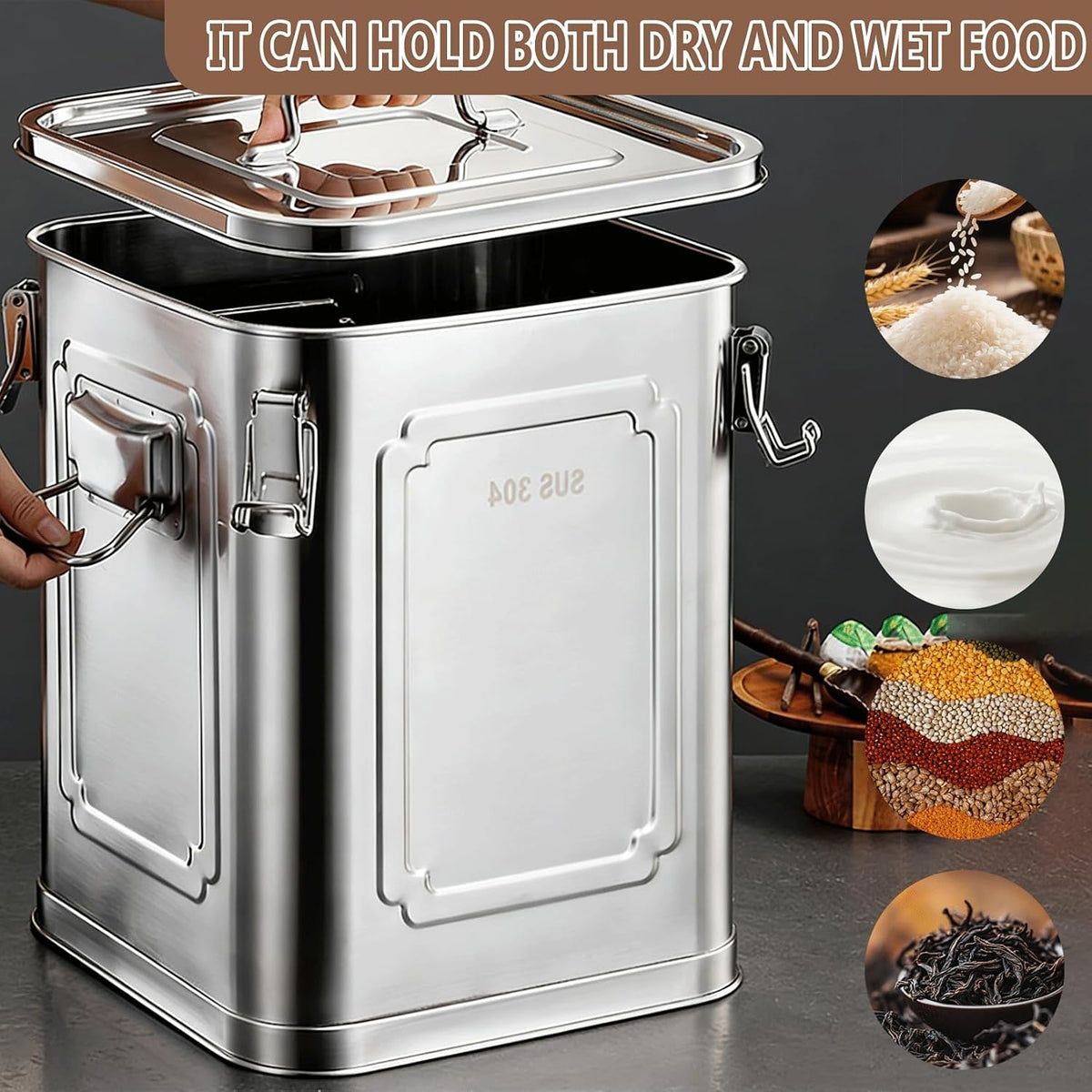 304 Stainless Steel Airtight Storage Container with Locking Clamps, Leak-Proof Square Canister for Dry & Wet Food, Heavy-Duty Storage Bin with Handles for Kitchen and Commercial Use(8.7GAL)