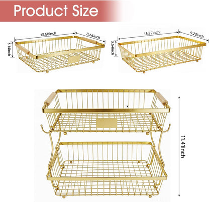 Fruit Basket Bowl 2 Tier Detachable with 2 Banana Hangers, Fruit Stand Holder for Kitchen Countertop, Metal Wire Vegetable Storage Organizer, for Bread Snack Veggies Produce, Black