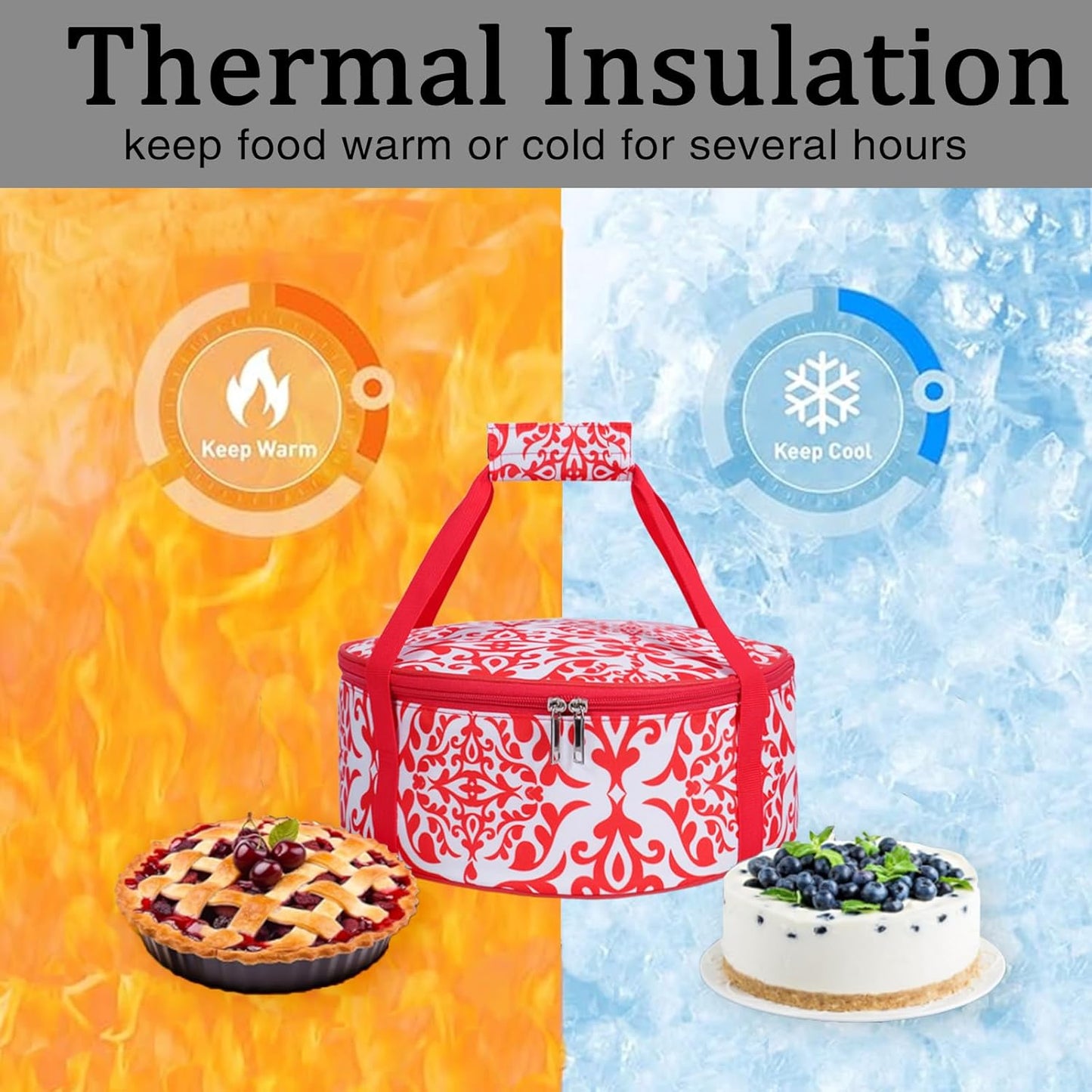Round Insulated Pie Carrier – Thermal Portable Lunch Transport Cheesecake Cake Dish Container Bag Keep Food Hot/Cold/Fresh for Potlucks Parties Gathering/Cookouts/Church Dinner/Outdoor Events-Red