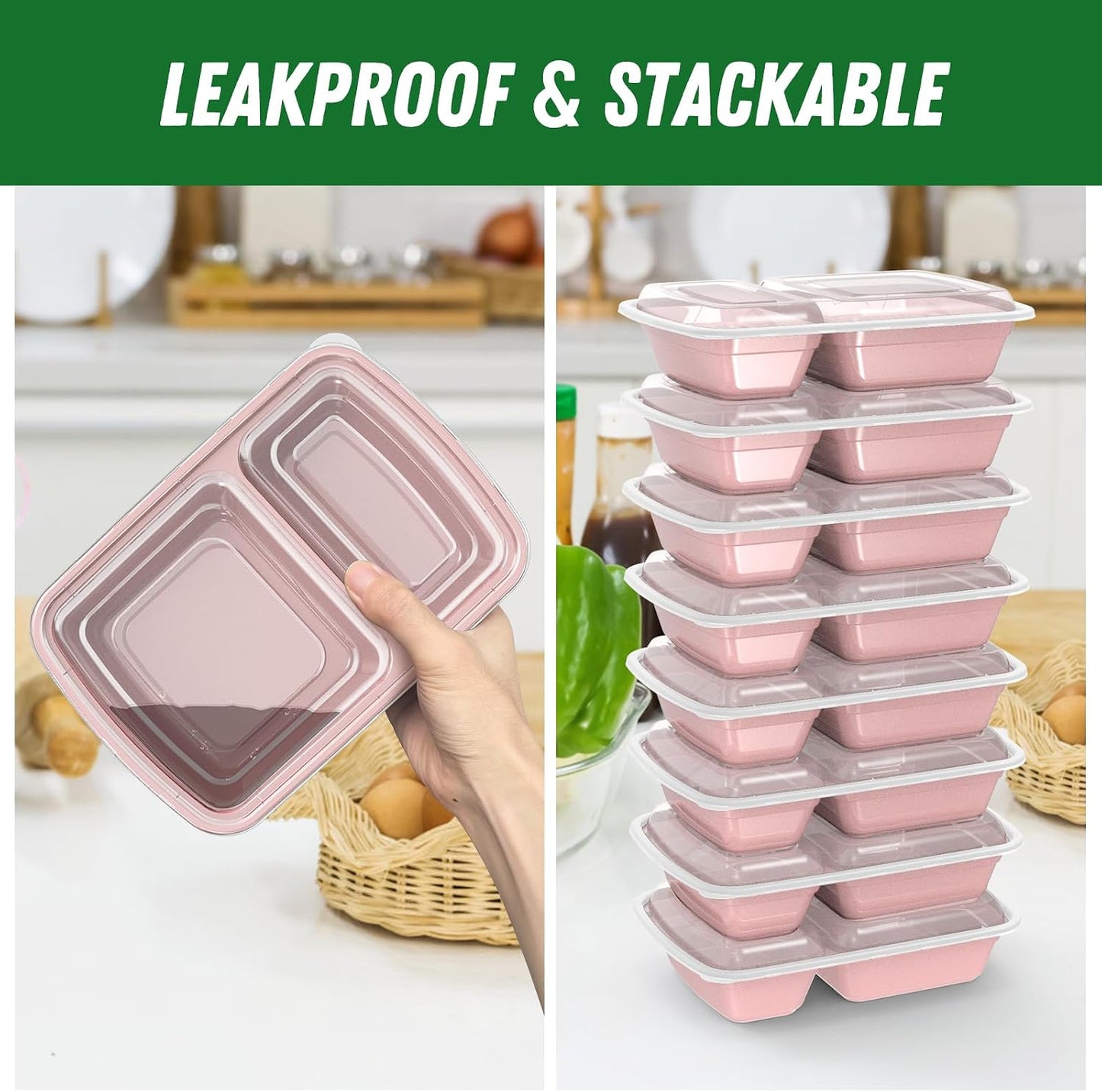 Dealusy 50 Pack (100-Piece) 28 oz Meal Prep Containers Reusable with Lids 2-Compartment, Sturdy Leakproof Food Safe, Microwave Freezer Dishwasher Safe, To Go Take Out Plastic Food Storage, Black