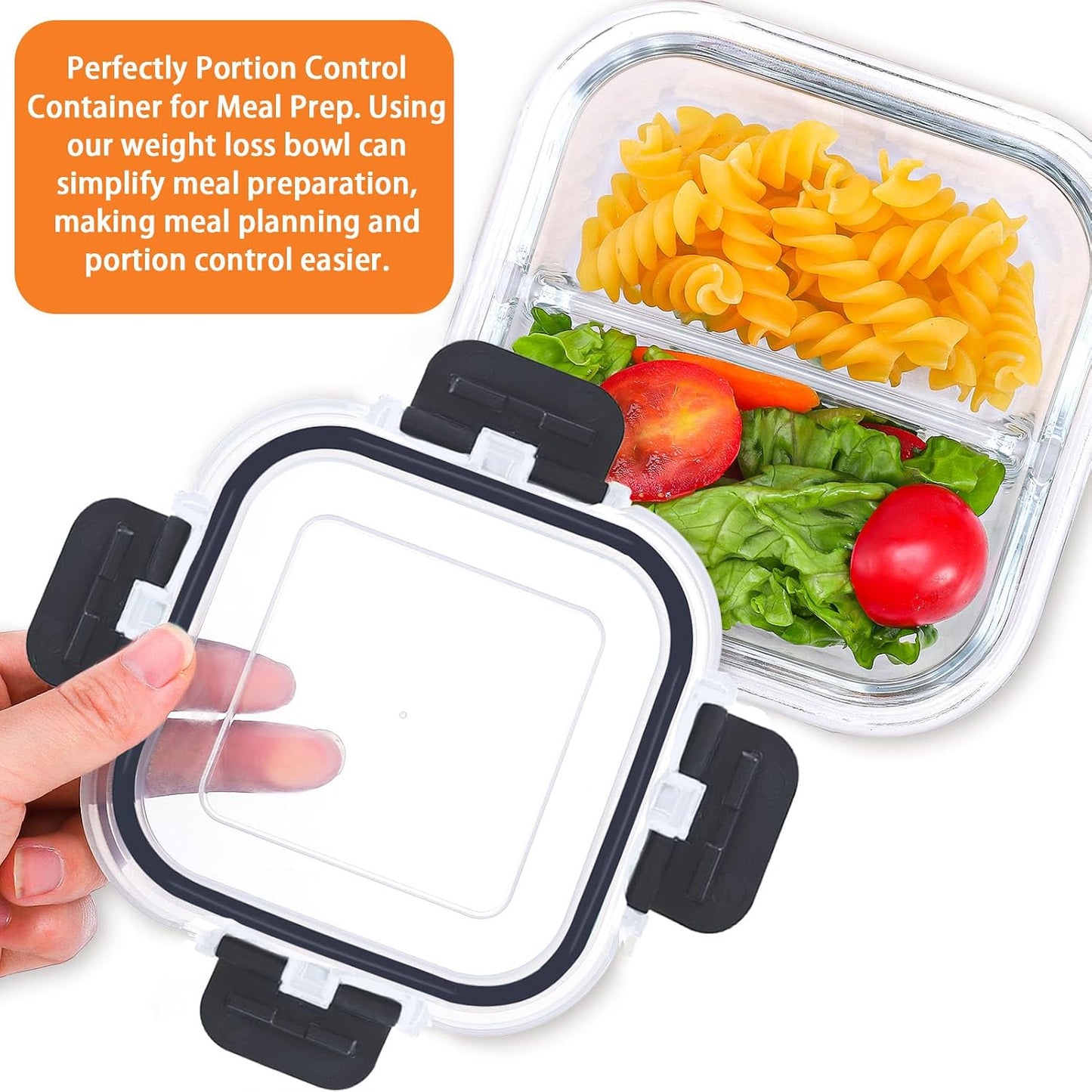 Bariatric Meal Prep Containers, 8 oz Bariatric Portion Control Food Storage Containers with Two 4 oz Compartments (3 Pack), Reusable Glass Snack Containers with BPA Free Airtight Lids