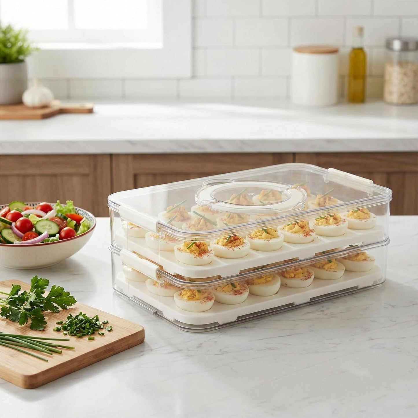 3Tier Deviled Egg Containers with Lid,Plastic Egg Container for Refrigerator with Handle,Deviled Egg Carrier for 72 Eggs,Kitchen,Festival Party, Stackable Egg Holder for Fridge (White)