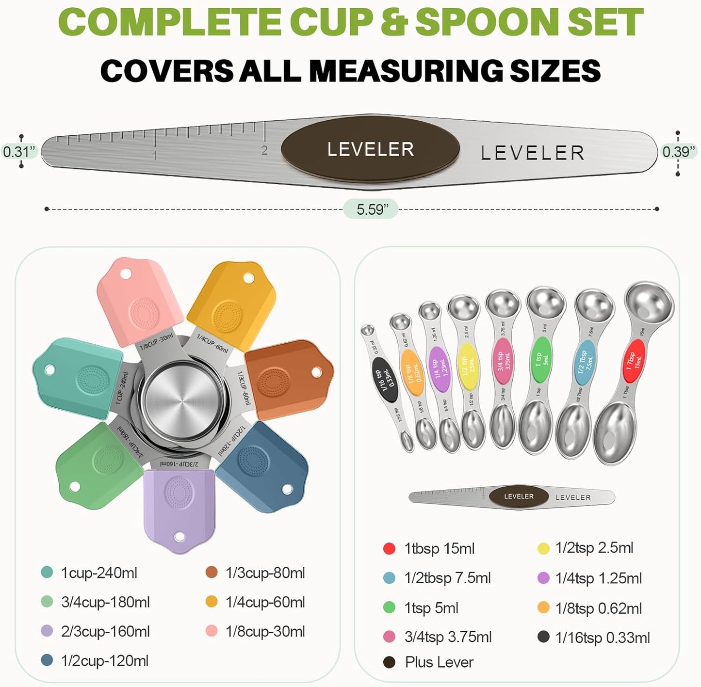 Magnetic Measuring Cups & Spoons Set, Strong N52 Magnets, Heavy Duty 304 Stainless Steel, Dual-Sided Design Fits Spice Jars, Easy-to-Read Markings, 16-Piece Set with Leveler for Baking & Cooking