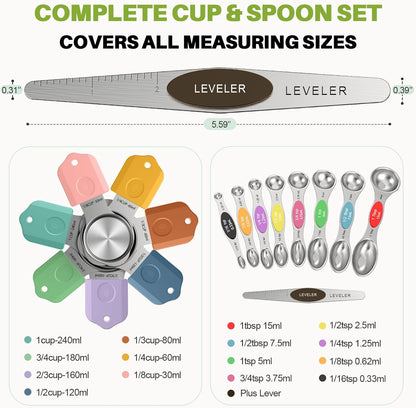 Magnetic Measuring Cups & Spoons Set, Strong N52 Magnets, Heavy Duty 304 Stainless Steel, Dual-Sided Design Fits Spice Jars, Easy-to-Read Markings, 16-Piece Set with Leveler for Baking & Cooking