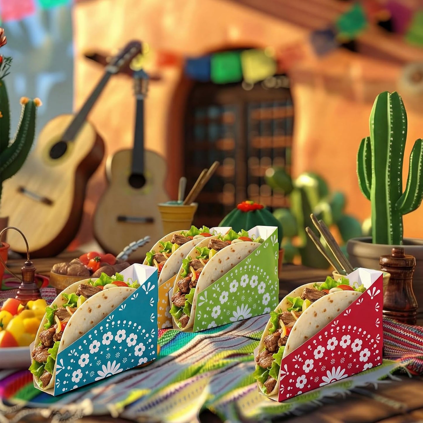 LemonRoad 48 PCS Paper Mexican Taco Holder Disposable Fiesta Taco Shell Holder for Cinco de Mayo Party Bar Serving Set, Fiesta Party Supplies Decorations(Stripe)