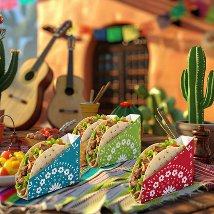 LemonRoad 48 PCS Paper Mexican Taco Holder Disposable Fiesta Taco Shell Holder for Cinco de Mayo Party Bar Serving Set, Fiesta Party Supplies Decorations(Stripe)