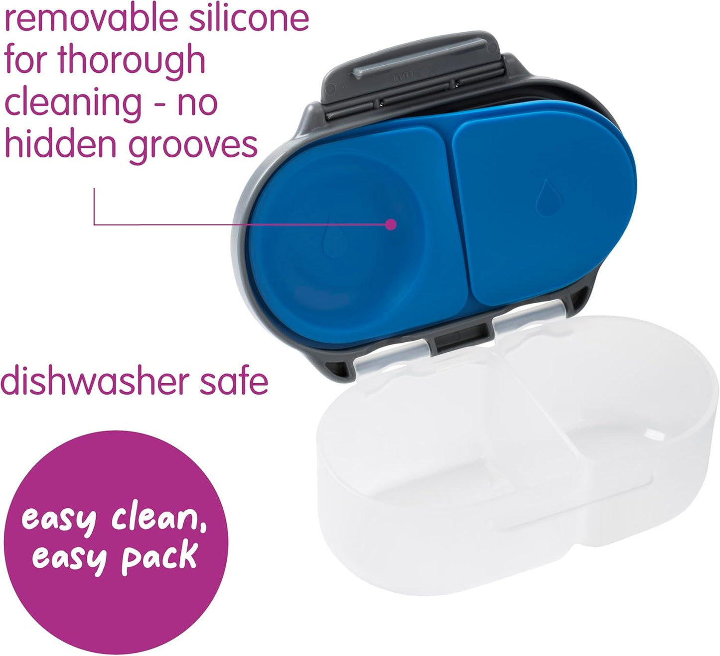 b.box Snack Box 2-Pack - Leak Proof Mini Bento Box for Kids & Toddlers, 2 Compartment Snack Containers for Kids, Dishwasher Safe, BPA-Free, PFAS-Free, Ages 4mo+, 1 3/4 Cup Each (Strawberry + Lilac)