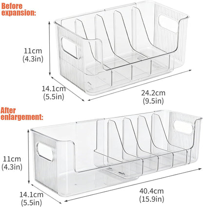 Clear Expandable Snack Organizer for Countertop,Adjustable Pantry Storage Bin with Removable Dividers,Large 6 Compartment Snack Container for Candy,Coffee Pods, Tea Bags,Drink Packets,Kitchen Counter