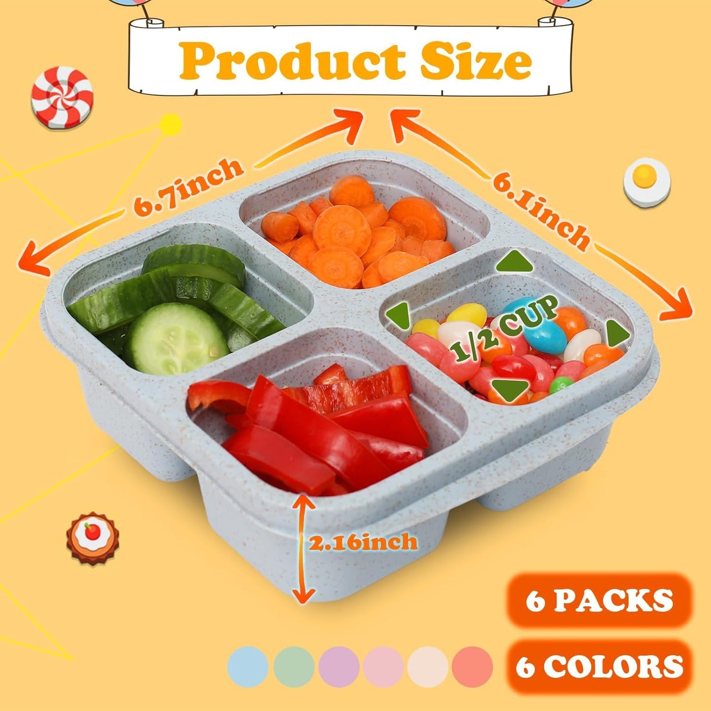 6 Pack Snack Containers, 4 Compartment Snack Box Containers Bento Box, Reusable Meal Prep Lunch Containers for Adults Kids Toddler, Divided Food Containers for Travel Work School