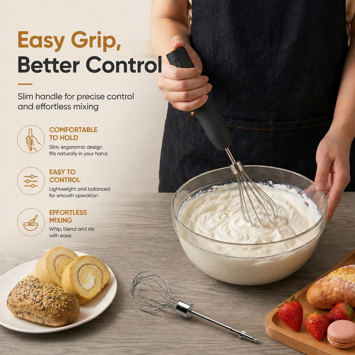 Handheld Electric Egg Beater Whisk,2-Speed USB-C Rechargeable Portable Wireless Balloon Whisk for Eggs, Milkshake Cream, Butter, Baby Food Fruits, Sauces and Soup for Kitchen,Camping Baking - White