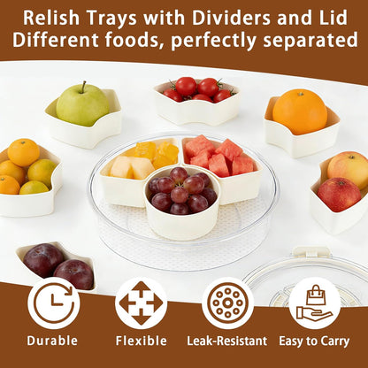 Relish Trays with Dividers and Lid, Divided Serving Tray with Lid and Handle, Durable Plastic Clear Snack Organizer with Removable Compartments, Ideal for Party, Travel and Picnic