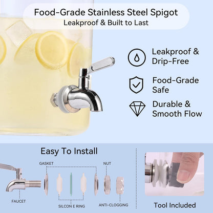2 Pack 1 Gallon Drink Dispensers for Parties, Glass Drink Dispenser, Beverage Dispenser with Acacia Wood Lid & Stand, Lemonade Dispenser with Stainless Steel Spigot, Water Dispenser for Juice Tea