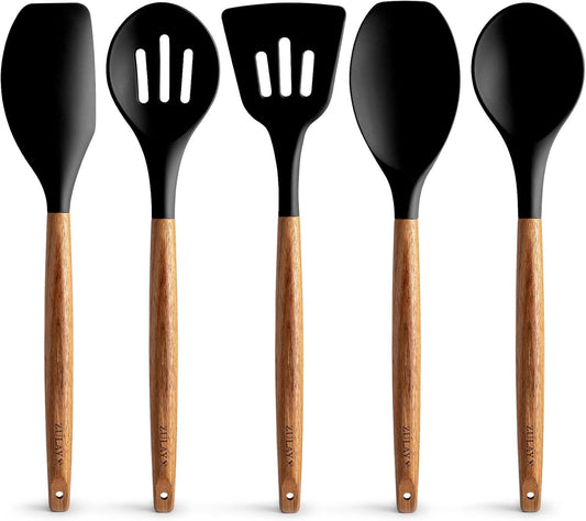 Zulay Kitchen Utensils Set Non-Stick Silicone Cooking Utensils Set with Authentic Acacia Wood Handles - 5 Piece Silicone Utensil Set - Kitchen Utensils Set with 464°F Heat Resistance - Gray