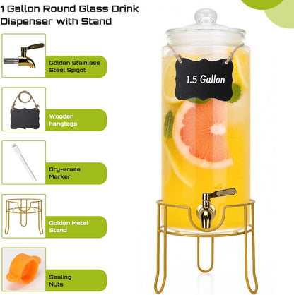 DHSBTLS 1 Gallon Glass Drink Dispensers, Round Beverage Dispenser for Party, BBQ and Picnic, Clear Airtight Juice Dispenser with Golden Stand, Stainless Steel Spigot, Markers and Chalkboard