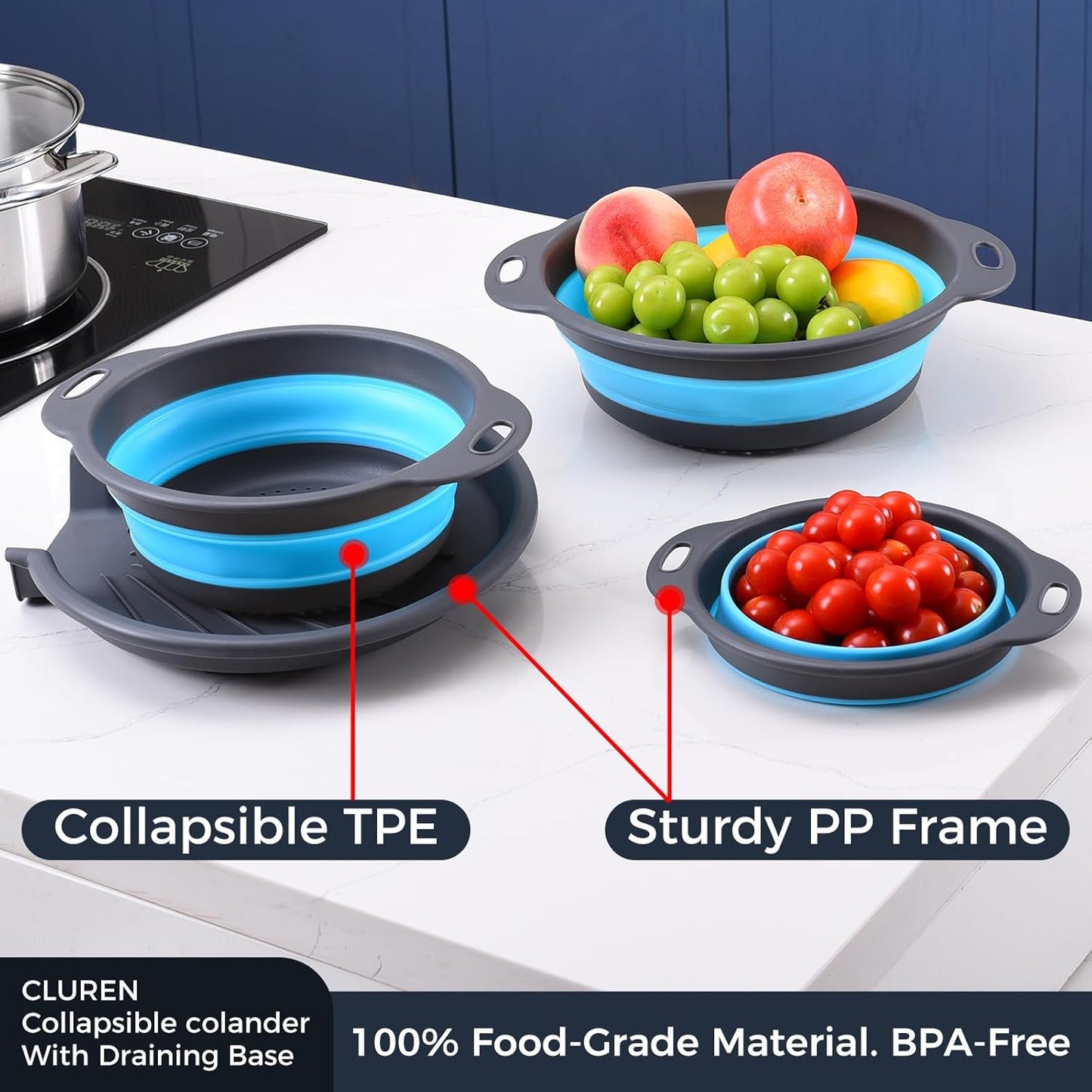 Collapsible Colander Set with Oversized Draining Tray | 3-Pack Foldable Kitchen Strainers + Base | Space Saving for Pasta, Veggies, Fruit & Rice | 5 Colors (Gray-White)