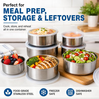 HANDIT 5-Piece Stainless Steel Food Storage Containers with Lids, Nesting Metal Bowls Set, Lightweight, BPA-Free Lids, Meal Prep & Leftovers, Freezer & Dishwasher Safe (8oz, 12oz, 16oz, 18oz, 32oz)