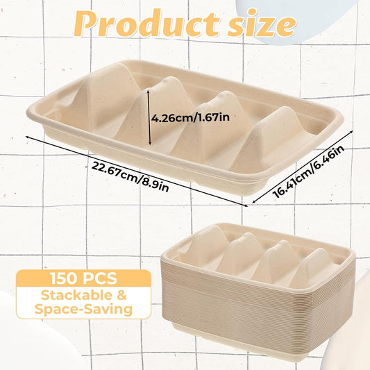 150Pcs Disposable Taco Holders for Party, Premium Bagasse Pulp Taco Plates, Taco Plates with 3 Dividers, 3-Slot Taco Tray Holder, Taco Bar Serving Set for Party Taco Tuesday Hot Dog Sandwich