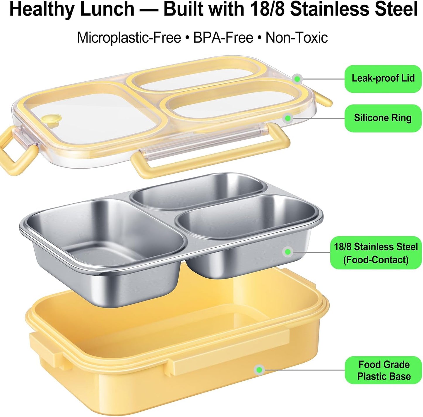 KTKUDY Stainless Steel Bento Box for Kids & Adults - 25 oz - Leakproof 3 Compartment Metal Lunch Container - 18/8 Stainless Steel Lunch Box Kids - Ideal for School, Office & Outdoor (Cream)