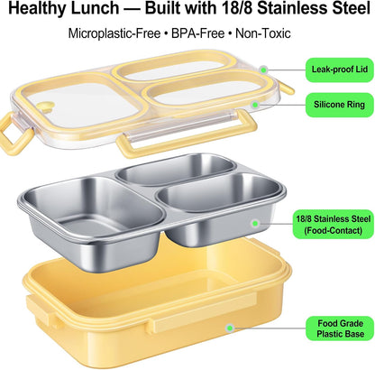 KTKUDY Stainless Steel Bento Box for Kids & Adults - 25 oz - Leakproof 3 Compartment Metal Lunch Container - 18/8 Stainless Steel Lunch Box Kids - Ideal for School, Office & Outdoor (Cream)