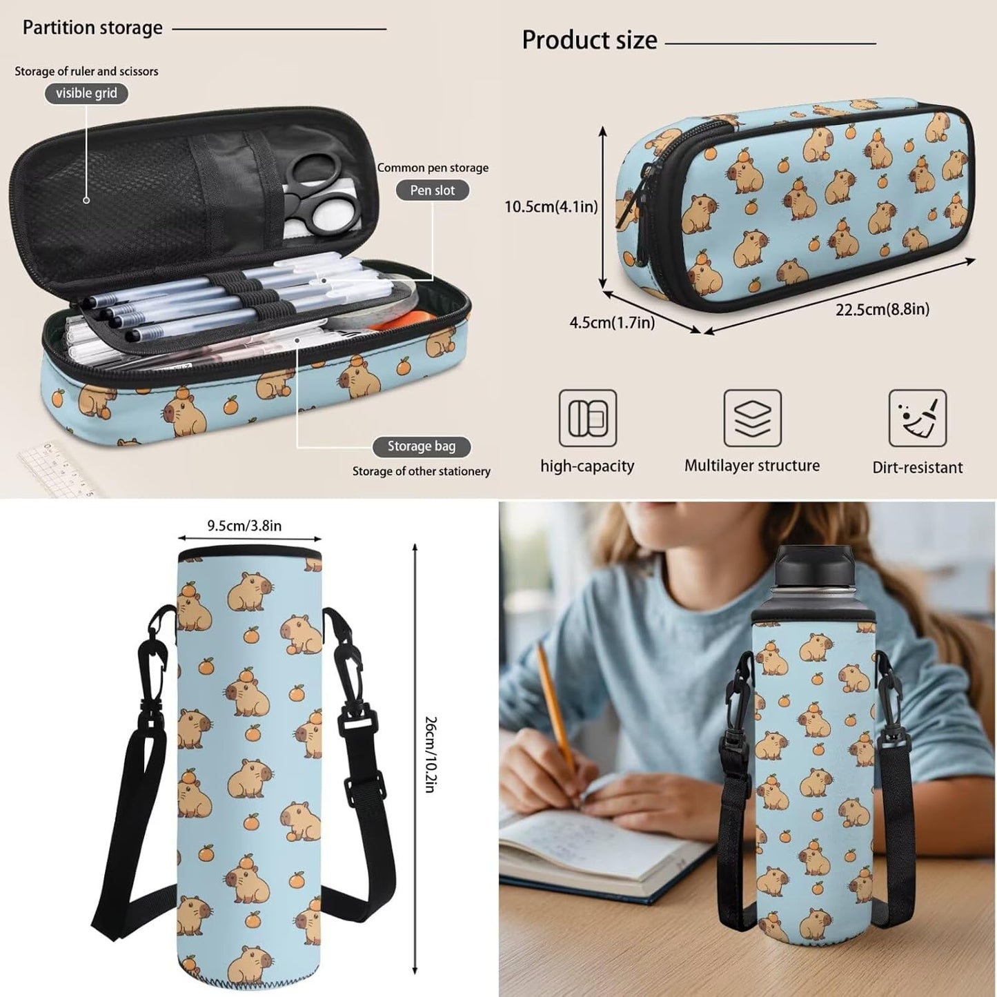 Cute Capybara Pizza Backpack for Girls, 5 Pcs Boys School Bag Set for Kids, 17 Inch Backpacks Lunch Pencil Box Reusable Utensils Case Set for Middle Elementary School, 3rd Grade Backpack