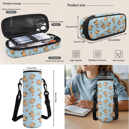 Cute Capybara Pizza Backpack for Girls, 5 Pcs Boys School Bag Set for Kids, 17 Inch Backpacks Lunch Pencil Box Reusable Utensils Case Set for Middle Elementary School, 3rd Grade Backpack