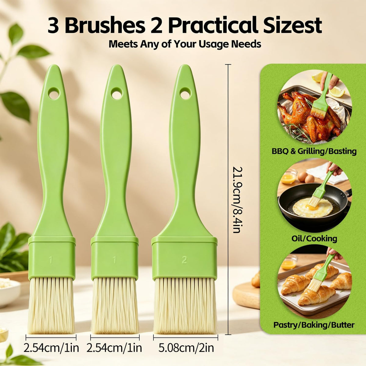 3 Pcs Pastry Brush Set, 1/1/2 Inch Basting Brush for Cooking and Baking, Heat Resistant Bristle Kitchen Brush with Hanging Hole for Oil, Butter, BBQ Sauce and Marinade（Green）