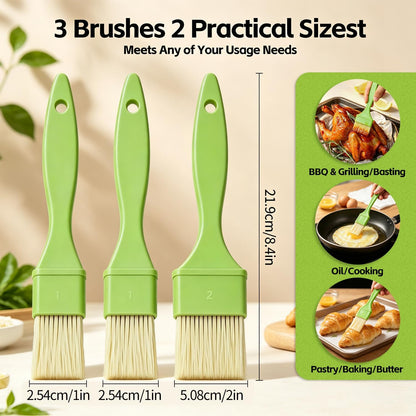 3 Pcs Pastry Brush Set, 1/1/2 Inch Basting Brush for Cooking and Baking, Heat Resistant Bristle Kitchen Brush with Hanging Hole for Oil, Butter, BBQ Sauce and Marinade（Green）