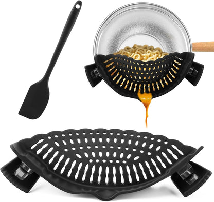 Clip on Silicone Strainer with Scraper, Adjustable Pasta Colander