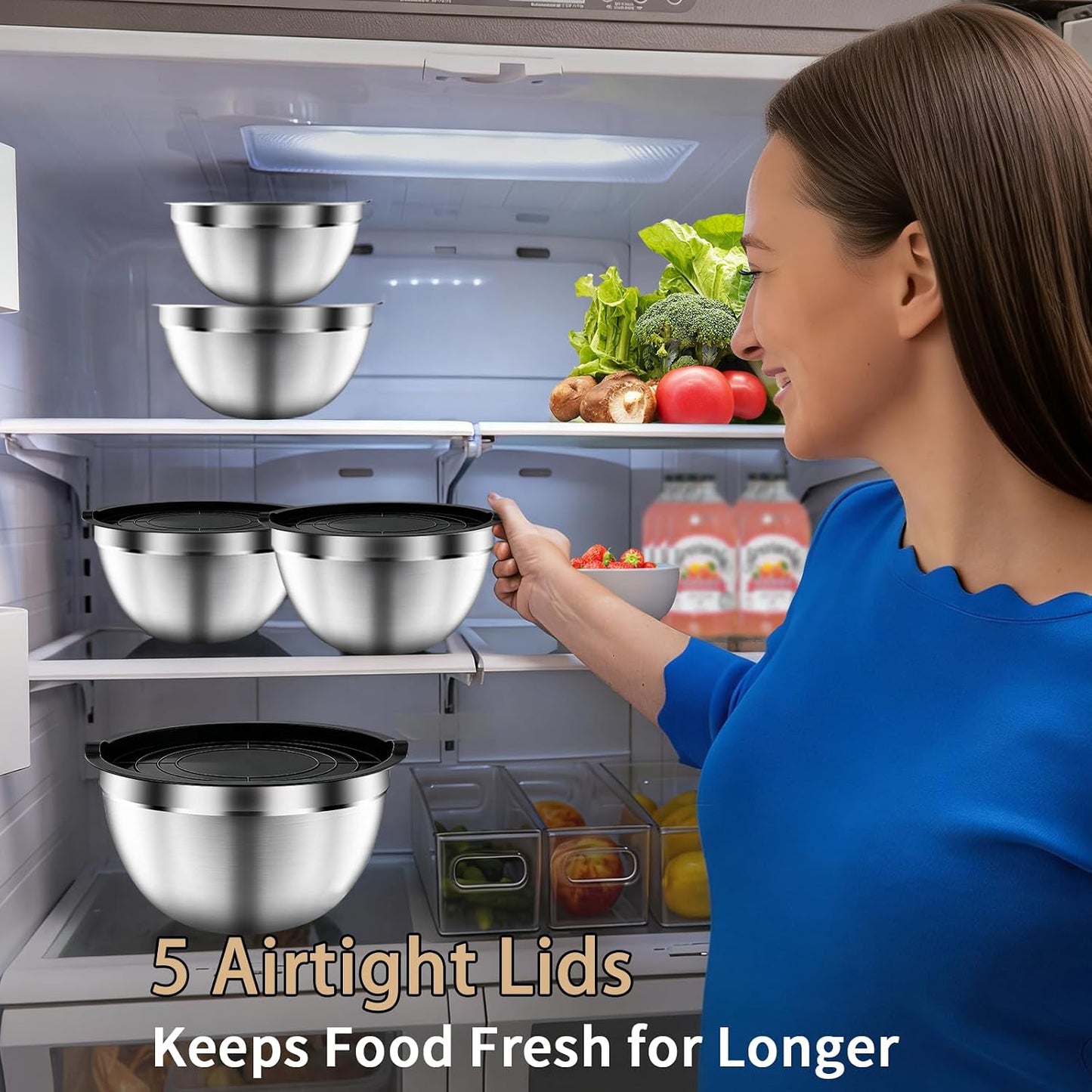 Mixing Bowls with Airtight Lids Set, 5 PCS Stainless Steel Khaki Nesting Bowls for Kitchen, Large Prep Metal Mixing Bowls for Kitchen, 5.5/4/3.5/2/1.5 QT for Mixing & Serving